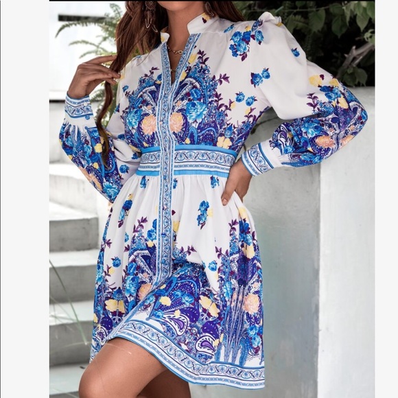 Boho Floral Paisley Print Puff Sleeve Open Front Dress - Picture 13 of 16